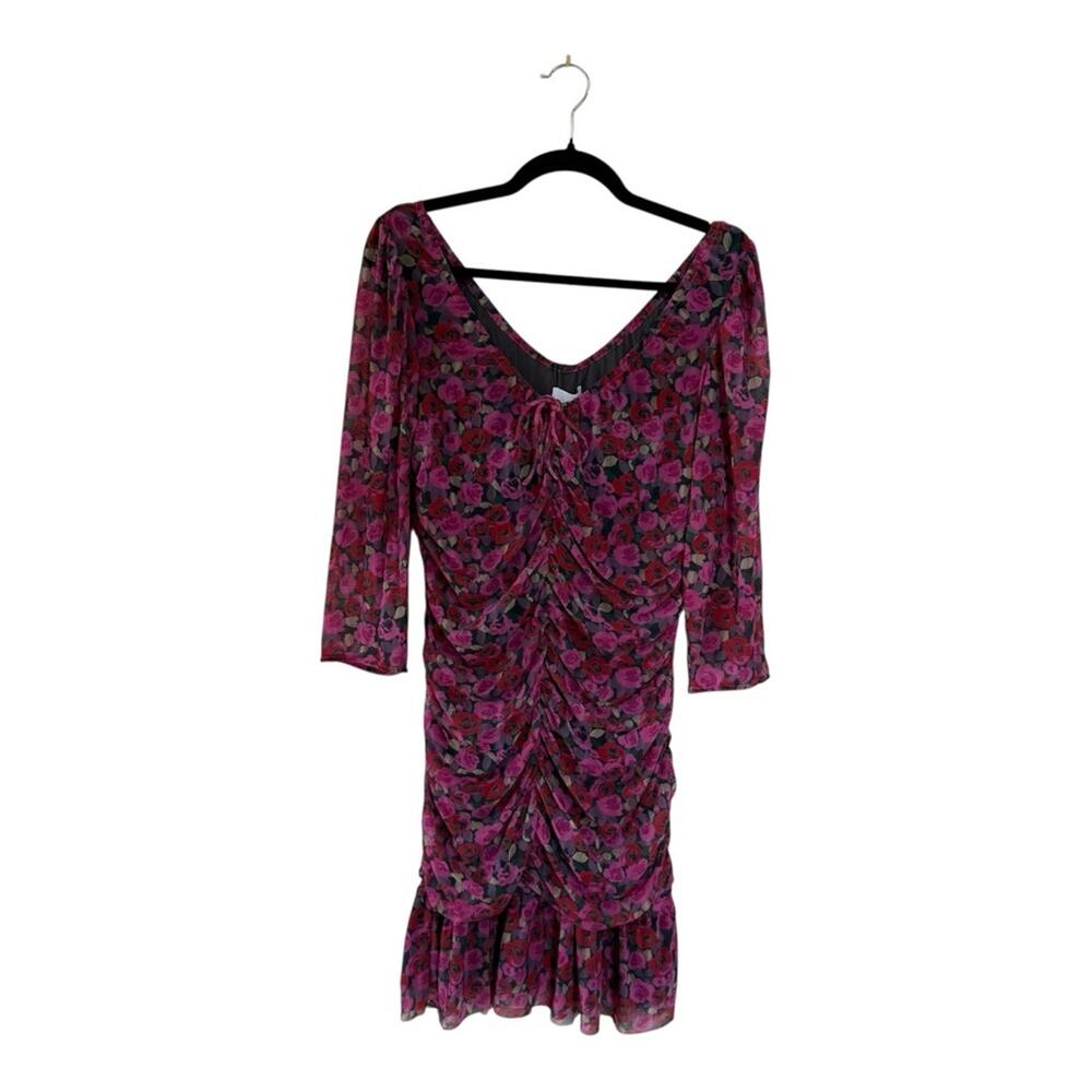NWT GANNI Floral Mesh Flounce Ruched Mini Dress in Fiji Flower Size 42